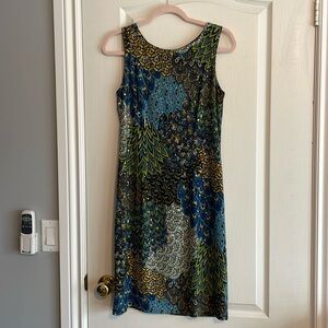 Peacock design dress with sparkles by Joseph Ribkoff.